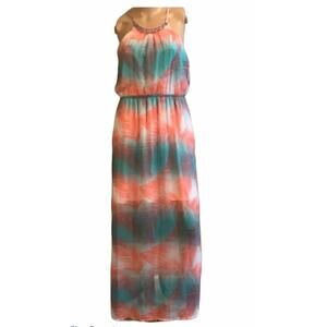 No Boundaries Peachy Palm Print & Mint Halter Maxi Dress-size Medium